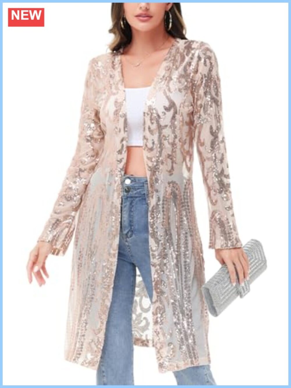 Sparkly Sequin Long Sleeve Open Front Kimono Cardigan